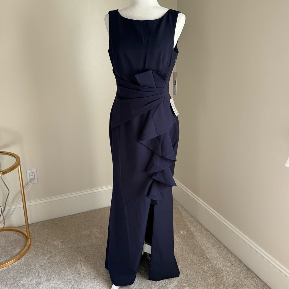 Eliza J Dark Blue Formal Dress with Cascading Ruffles